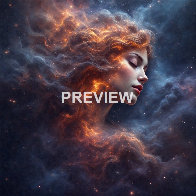 A surreal digital artwork depicting a woman's profile with her hair transforming into glowing, fiery clouds amidst a starry cosmic background.